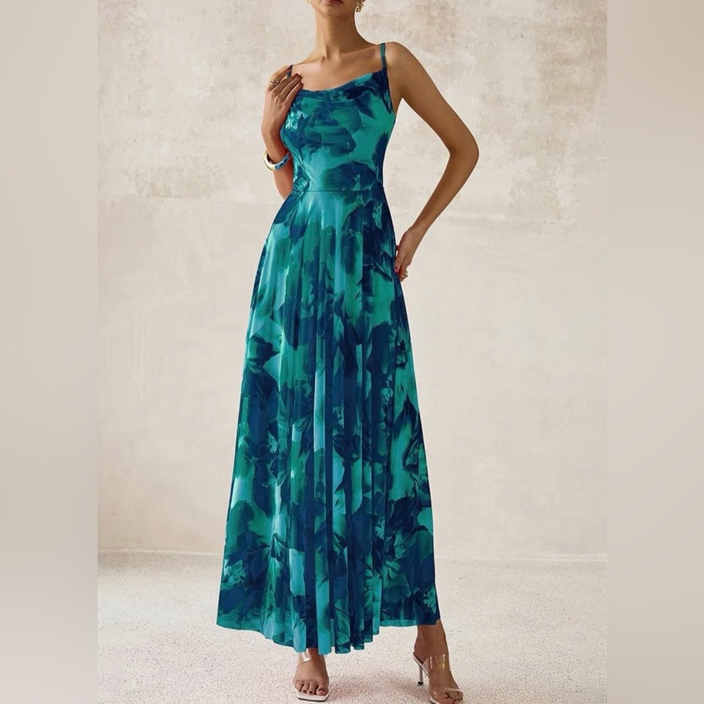 Sleeveless Teal Floral Midi Dress